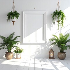 Bright Interior with Plants and Blank Frame for Mockup.