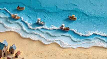 Obraz premium miniature fishing boats sandy beach waves