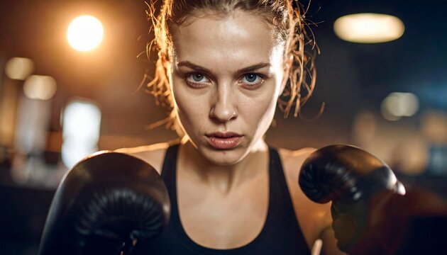 Intense female boxer stares intently, prepared for the challenge, in a dimly lit gym environment