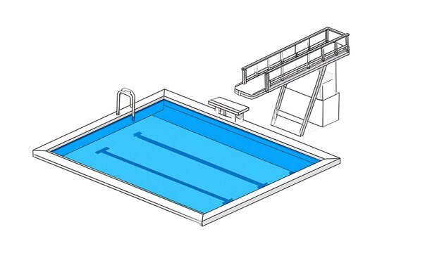 Isometric illustration of a rectangular swimming pool with lane lines, a diving board, and a ladder on a white background - Powered by Adobe