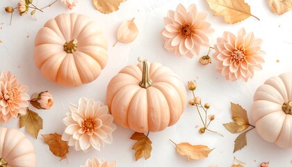 Autumnal Still Life - Pastel Pumpkins and Delicate Floral Accents.