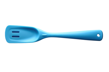 Light blue slotted turner kitchen utensil for cooking and baking needs on transparent background
