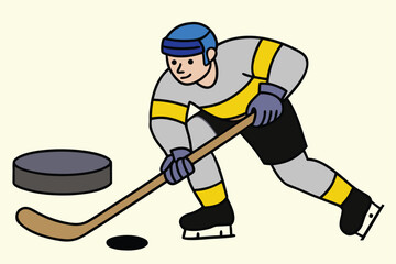 A hockey player in full gear is playing with a puck