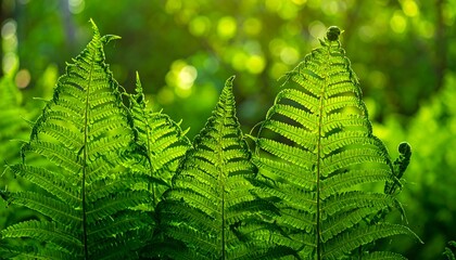 Lush green fern fronds illuminated by sunlight, creating a vibrant, textured foreground against a soft, out-of-focus background