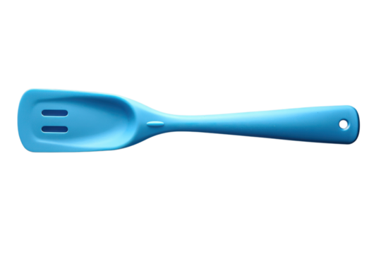 Light blue slotted turner kitchen utensil for cooking and baking needs on transparent background