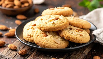 Close-up of almond cookies artfully arranged on a dark plate, complemented by almonds in a wooden bowl