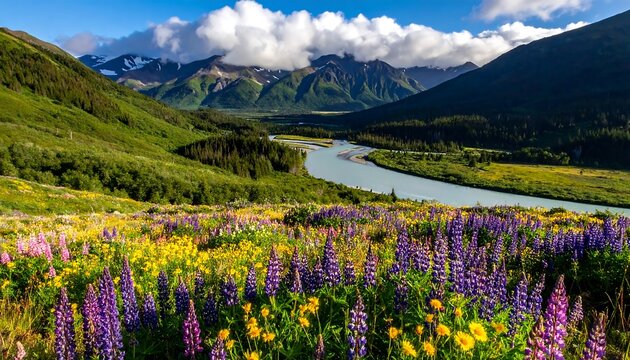 Lush, vibrant wildflowers lead to a tranquil river winding through green valleys beneath snow-capped mountains and cloudy skies