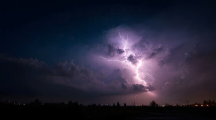 A dramatic lightning strike illuminates the night sky amidst dark storm clouds over a silhouette of the landscape