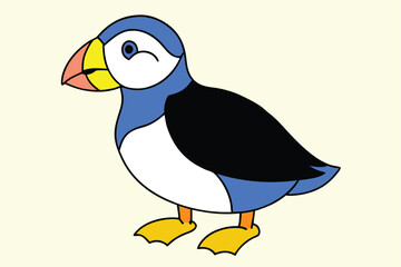 A delightful cartoon puffin stands cheerfully against a soft, creamcolored backdrop