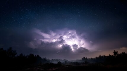 Fototapeta premium A dramatic lightning strike illuminates dark storm clouds against a starry night sky casting an electric glow over a silhouetted landscape