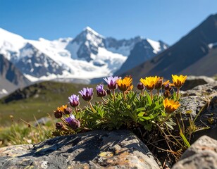 Close-up of alpine wildflowers in a sunny mountainous region with snowy peaks in the background, blue sky