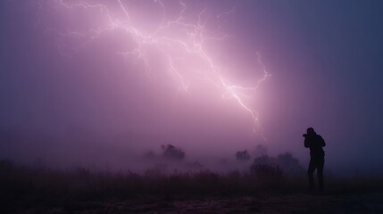 Fototapeta premium A lone photographer captures a dramatic lightning strike illuminating a foggy twilight landscape