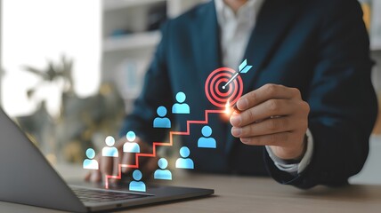 Businessman connecting team to a strategic target, visualizing business goals, success, and collaborative achievement through digital interface