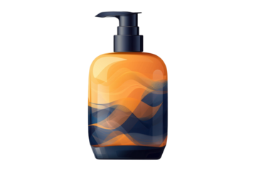 Stylish dispenser bottle with orange and blue wave design for soap or lotion product on transparent background