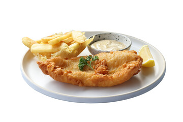 Crispy golden fish and chips on a plate, served with a lemon wedge and dipping sauce. This classic dish is a delightful meal, perfect for any occasion.