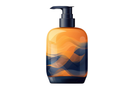 Stylish dispenser bottle with orange and blue wave design for soap or lotion product on transparent background