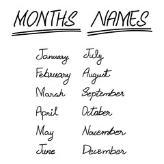 Months names isolated on transparent background, including january, february and december