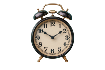 Vintage alarm clock with a classic design showing the time is ten after two on transparent background