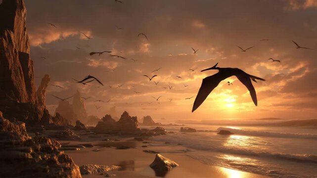 海辺の断崖を飛翔するプテラノドンの群れ