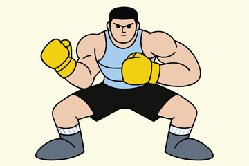 Cartoon boxer in fighting stance with yellow gloves ready for a match on a light background