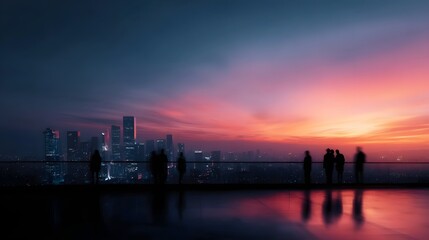 Fototapeta premium Silhouetted figures gaze at a vibrant city skyline during a breathtaking twilight sunset