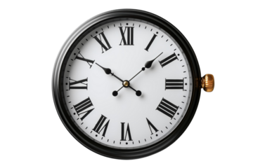 Elegant clock with roman numerals showing the time for time management concepts on transparent background