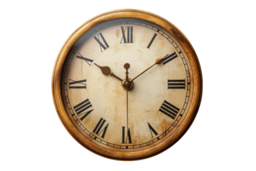 Vintage clock with roman numerals and a wooden frame showing the time on transparent background