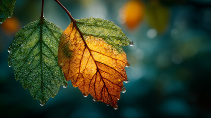 Fototapeta premium Macro leaves changing colors symbolizing the passage of time and seasons