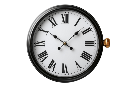 Elegant clock with roman numerals showing the time for time management concepts on transparent background