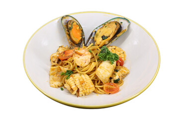 Delicious seafood pasta dish, adorned with mussels, squid, shrimp, and tomatoes, presented in a bowl