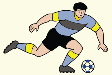 A soccer player in a blue and black uniform kicks a soccer ball on the field
