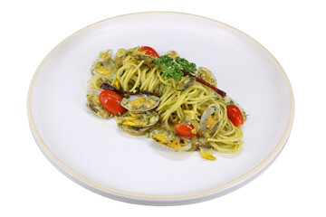 A delicious plate of pasta with clams and fresh tomatoes, served on a white plate. This mouth-watering dish is a perfect blend of flavors and textures