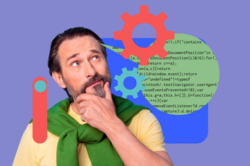 Collage of business man woman in front of abstract charts programming code symbolizing creative digital professions