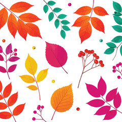 Fototapeta premium Vibrant autumn leaves and berries pattern with a white background