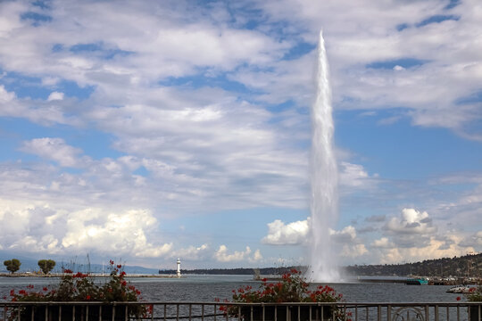 The Jet d Eau is a fountain in Geneva, Switzerland that sprays water high into the air from the lake