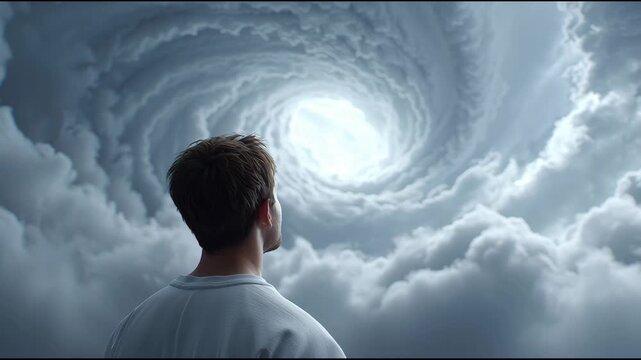 Man gazes at swirling clouds with bright light breaking through in a surreal sky