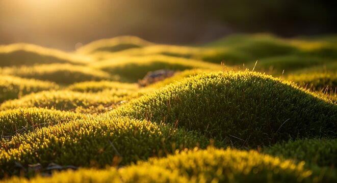 Golden hour illuminates a terrain of lush, mossy hummocks and gradients
