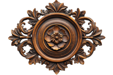 Ornate wooden carving featuring a central flower design with swirling leaf embellishments on transparent background