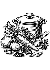 Black and white vector kitchen scene with a pot of soup surrounded by vegetables like carrots and onions — perfect for engraving and prints