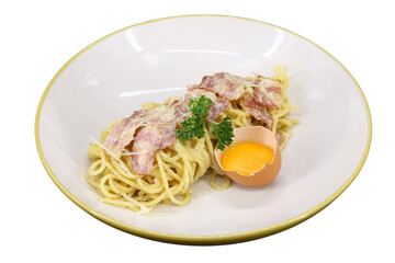 Delicious Spaghetti Carbonara served elegantly on a plate with an egg yolk