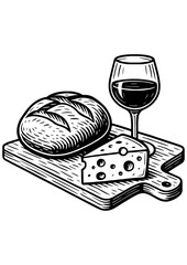 Black and white vector kitchen scene with a wooden cutting board, bread, cheese, and a glass of wine — perfect for engraving and prints