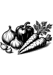 Black and white vector kitchen scene with assorted vegetables like pepper, carrot, and onion — perfect for engraving, prints, and creative projects