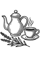 Black and white vector kitchen scene with a teapot, cup of tea, and lavender branch — perfect for engraving, prints, and creative projects