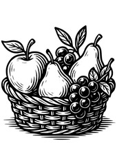 Black and white vector kitchen scene with a fruit basket containing apples, pears, and grapes — perfect for engraving and creative prints