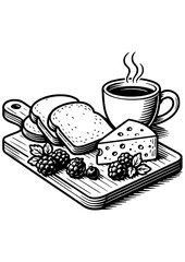 Black and white vector kitchen scene with a breakfast cutting board, bread, and coffee — perfect for engraving, prints, and creative projects