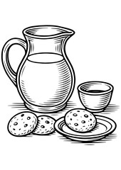 Black and white vector kitchen scene with a drink jug, coffee cup, and cookies — perfect for engraving, prints, laser engrave, and decor