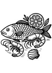 Black and white vector kitchen scene with fish, lemon, and seafood — perfect for engraving, prints, laser engrave, and creative projects