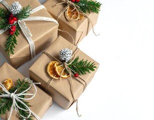 Festive Christmas Gifts Wrapped in Brown Paper with Decorations.