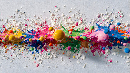 Multi-colored spheres burst on textured white. Dynamic splashes & bright colors suit posters, album art, & creative backgrounds.