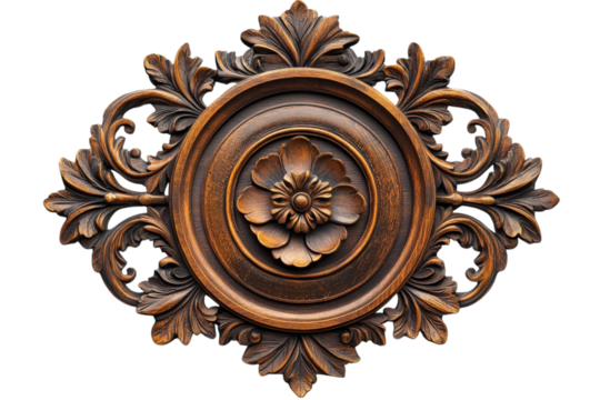 Ornate wooden carving featuring a central flower design with swirling leaf embellishments on transparent background